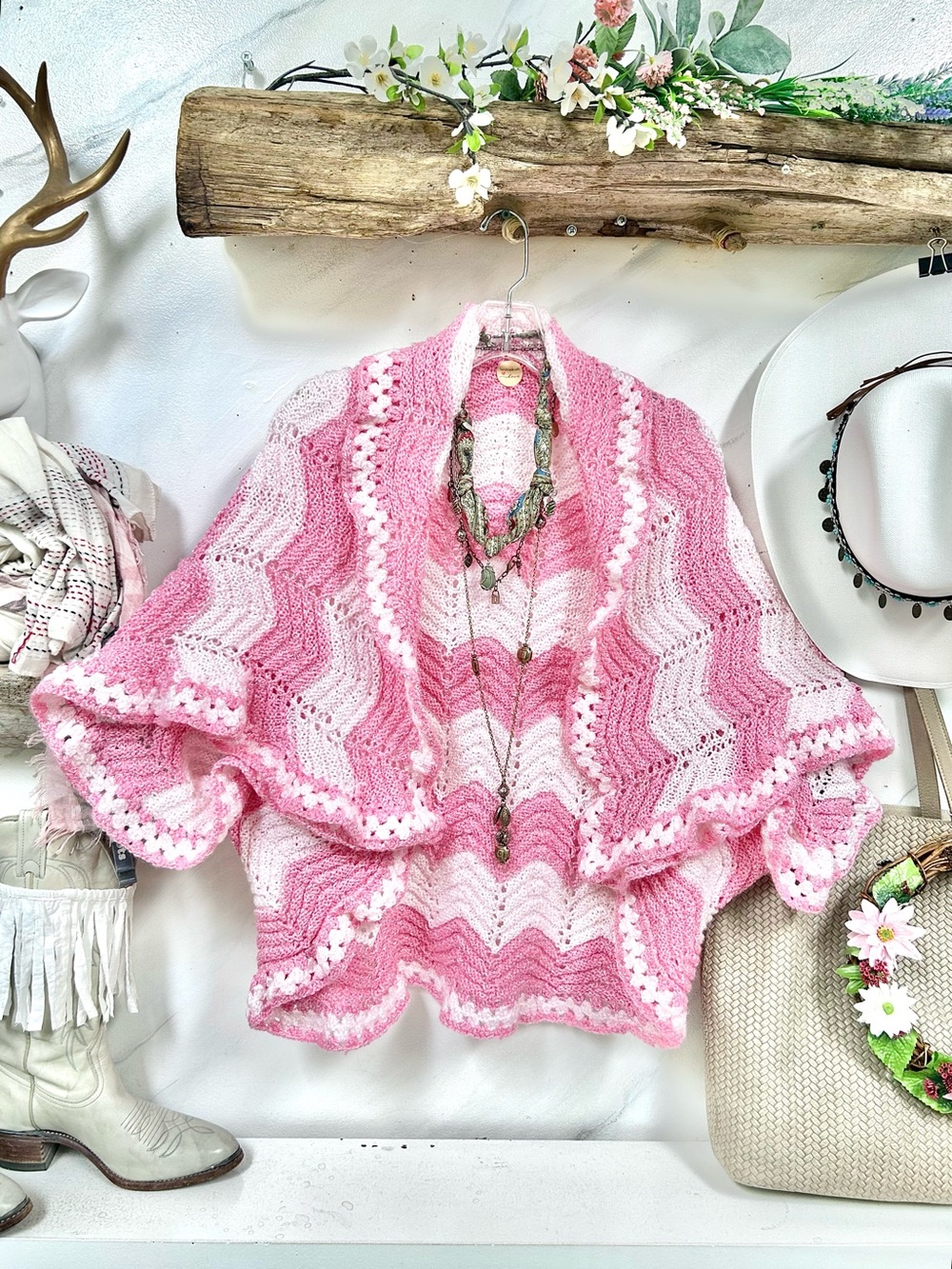 Artisan Chevron pink shrug knit boho kimono w cottagecore prairie Country vibe